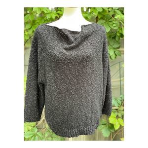 Vintage 80s Acrylic Boucle Knit Sweater Cowl Neck Black Silver Metallic sz 42
